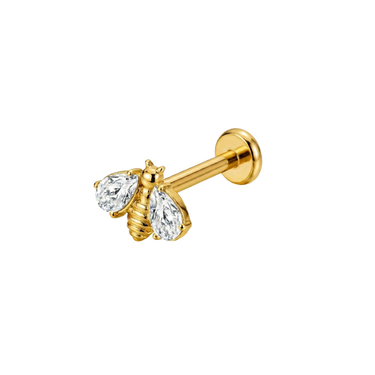 Zlatá piercing labreta ve tvaru včely s čirými zirkony, produktové foto šperku do ucha helix tragus conch.