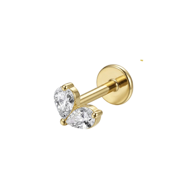 Zlatá piercing labreta se dvěma čirými zirkony ve tvaru slzy, šperk vhodný pro helix, conch a tragus.