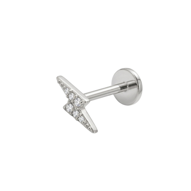 Stříbrná piercing labreta s motivem blesku osázeného čirými kamínky, moderní šperk s plochou zadní stranou do conchu a lalůčku.