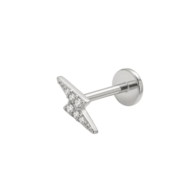 Stříbrná piercing labreta s motivem blesku osázeného čirými kamínky, moderní šperk s plochou zadní stranou do conchu a lalůčku.